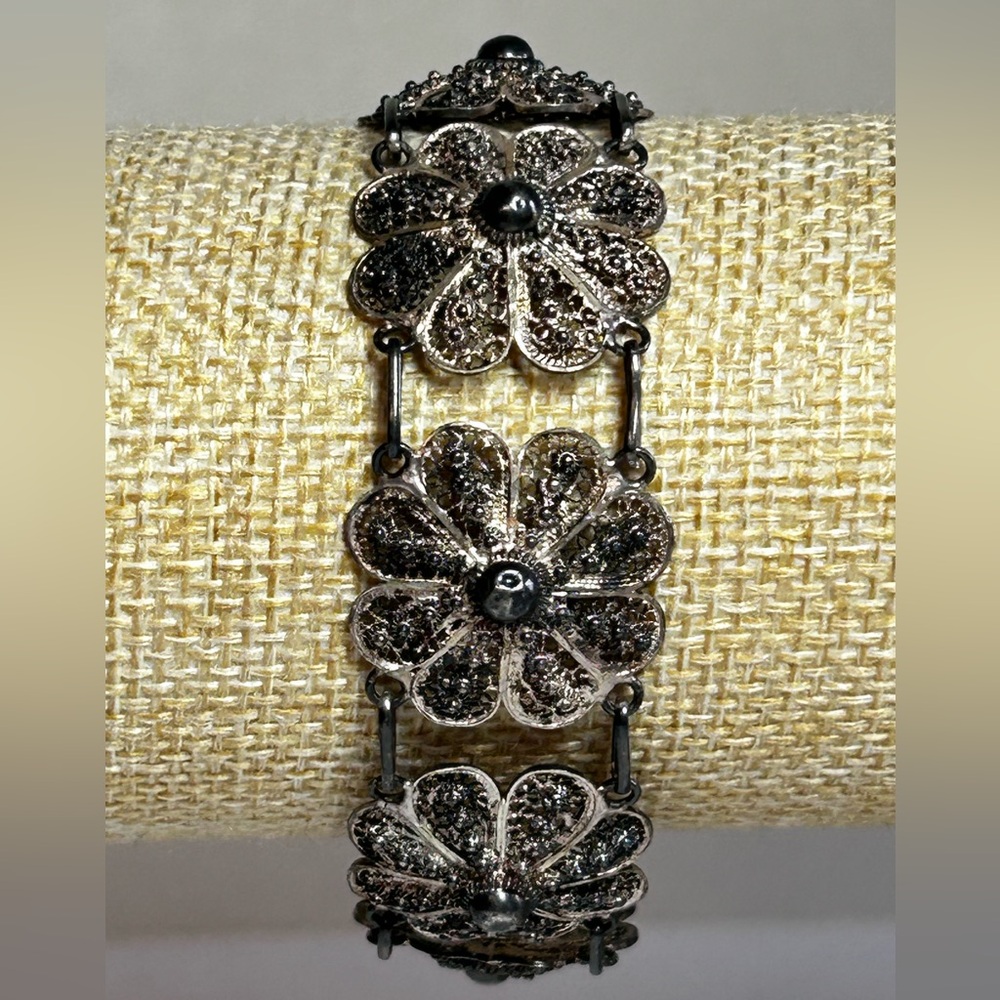 Antique Victorian Sterling Silver Filigree Flower Link VTG Bracelet Handcrafted